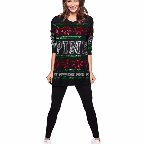 RARE PINK Victoria’s Secret Holiday bling campus tee - Picture 1 of 6